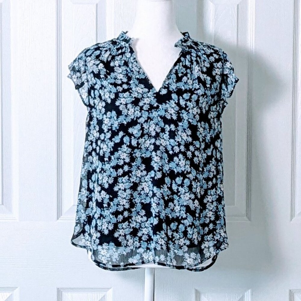 LOFT Women's Short Cap Sleeves VNeck Blouse Top  Size S  Blue Floral Print